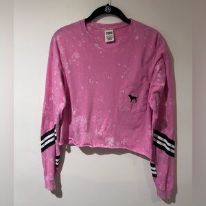 PINK Victoria's Secret Pink Bleach-Effect Long Sleeve Pocket Tee with Stripes